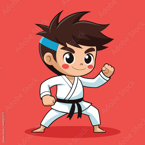 The martial artist stands ready in a karate stance, showcasing enthusiasm and strength in a white uniform. The vibrant teal backdrop enhances the action and energy.