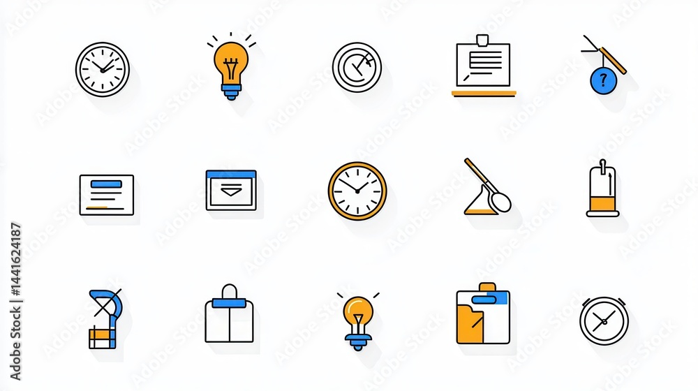Collection of various icons representing different aspects of business management and strategic planning including a clock lightbulb globe documents and other relevant symbols Collection of various icons representing different aspects of business management and strategic planning including a clock lightbulb globe documents and other relevant symbols