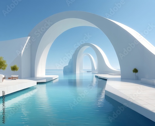 Futuristic white arch bridge over water in a cinematic setting
