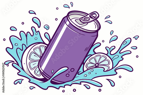 Purple soda can in water splash. Fresh refreshment, liquid drink with splash around mockup metallic can. Refreshing drink splash, summer cool, beverage. Clear refreshing drink.