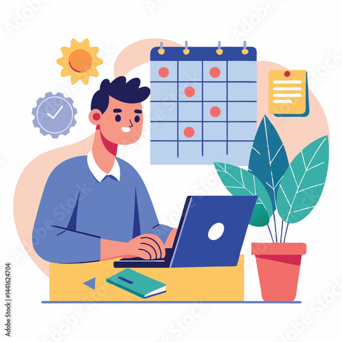 Wallpaper Mural Young man with computer fills schedule calendar vector  Torontodigital.ca