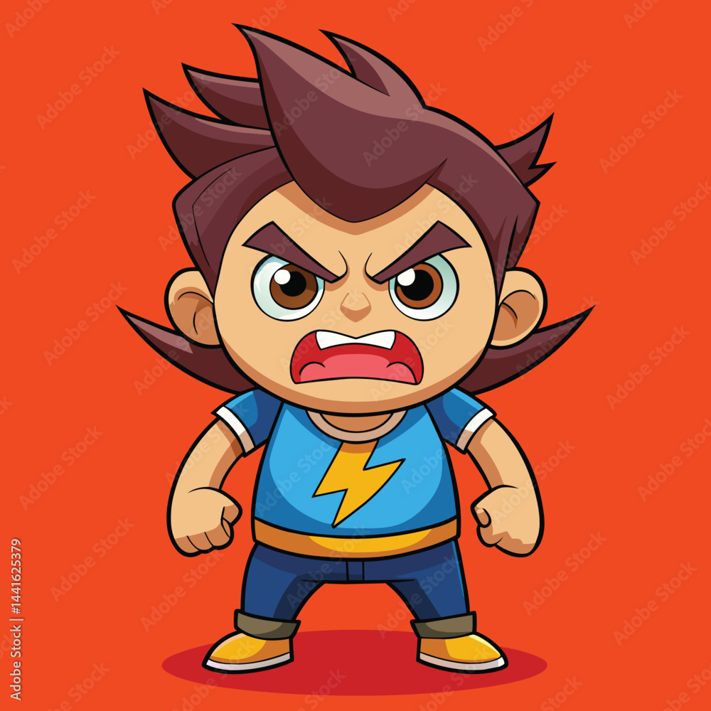 Naklejka premium A vibrant cartoon character stands confidently with arms crossed, featuring a wild hairstyle, bold colors, and an intense glare, set against an orange backdrop.