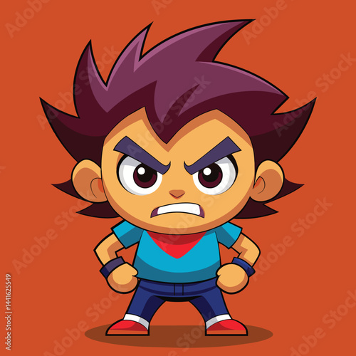 The cartoon character with spiky brown hair and an orange shirt exudes confidence and determination, ready to take on any challenge with an intense expression.