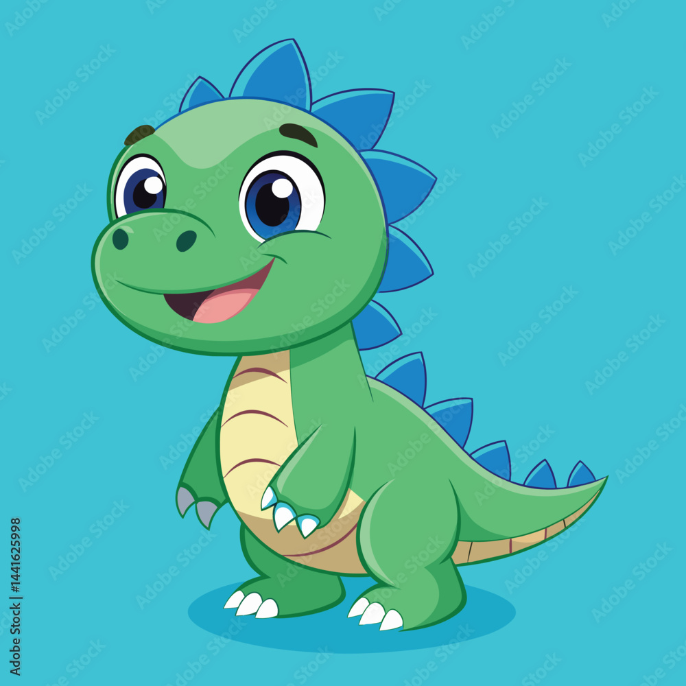 Naklejka premium A whimsical green dinosaur character stands happily, featuring big expressive eyes and playful spikes, perfect for childrenâ€™s illustrations and animations.