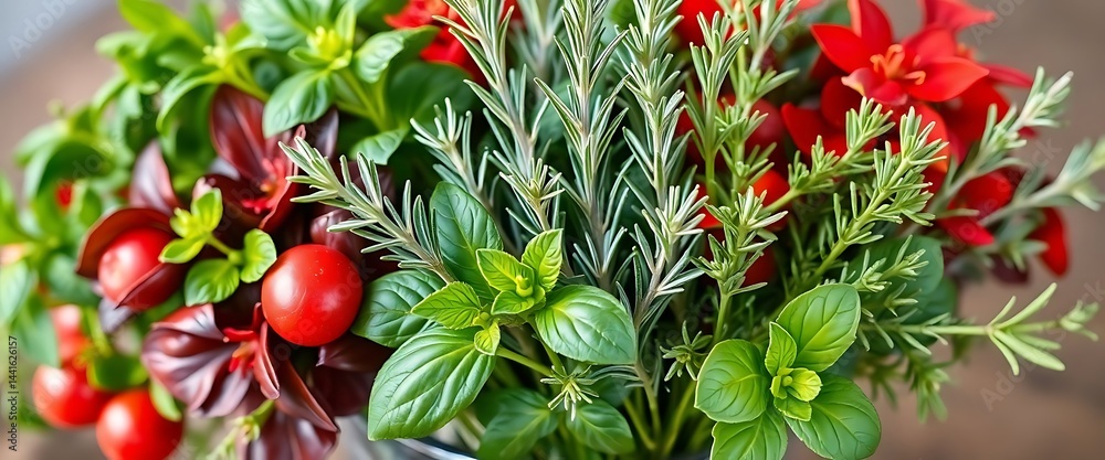 Fototapeta premium close up of a potted plant with red flowers and green leaves