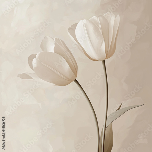 Elegant minimalistic abstract art of tulips and a lily, flowing clean lines, muted beige and sand hues, subtle textures.