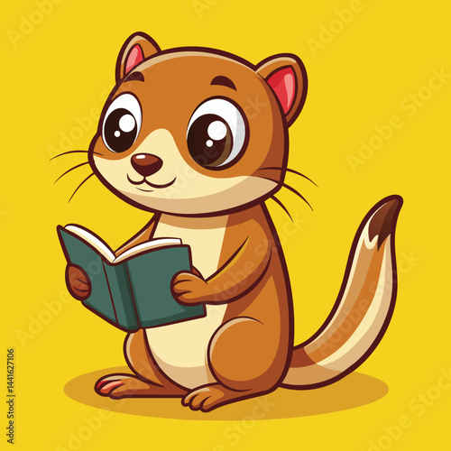 A cheerful cartoon creature sits and reads a book, displaying an enthusiastic expression, amidst a bright blue backdrop that enhances its playful appearance.