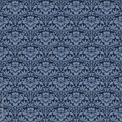 Seamless vintage damask pattern in classic blue tones with ornate floral flourishes and elegant details. Perfect for home decor, wallpapers, fashion, or vintage-inspired branding.