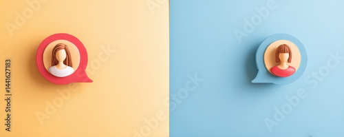 feedback survey response concept. Two speech bubbles with illustrated faces on contrasting backgrounds.