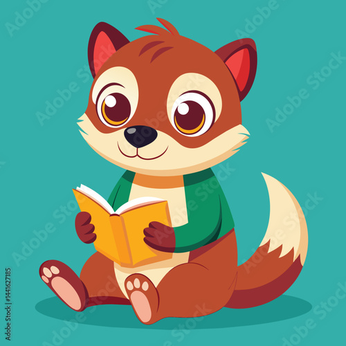 A cheerful cartoon ferret is sitting on the grass, engrossed in a book. The character is wearing a blue shirt, surrounded by a bright blue backdrop and whimsical sparkles.