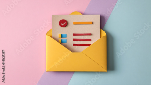 feedback survey response concept. Colorful envelope with a document and decorative elements inside.