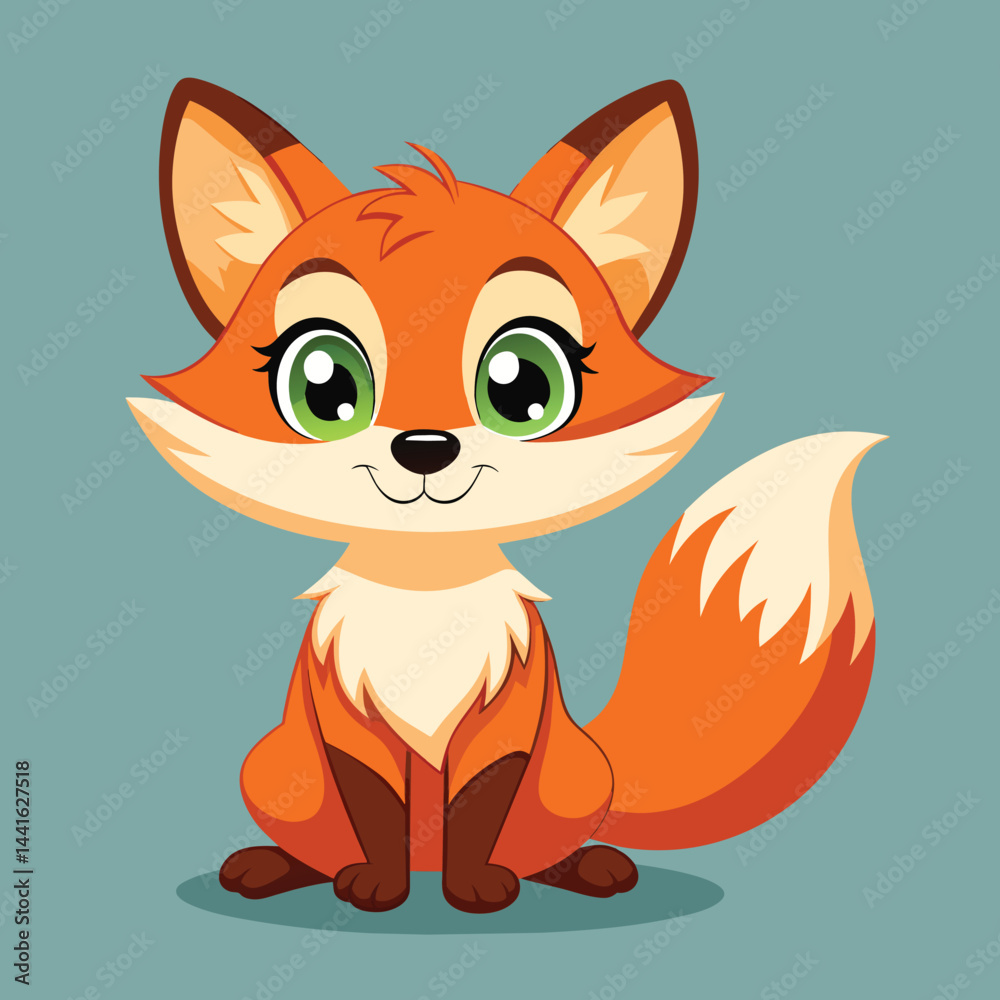 Obraz premium A cheerful cartoon fox with bright orange fur and large expressive eyes sits in green grass, exuding playfulness in a vibrant and animated style.