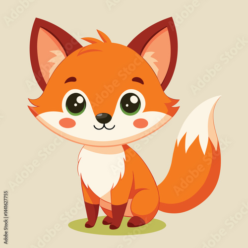 This adorable cartoon fox sits on a patch of grass, displaying bright eyes and a playful expression, ready to engage with its surroundings in a lively manner.