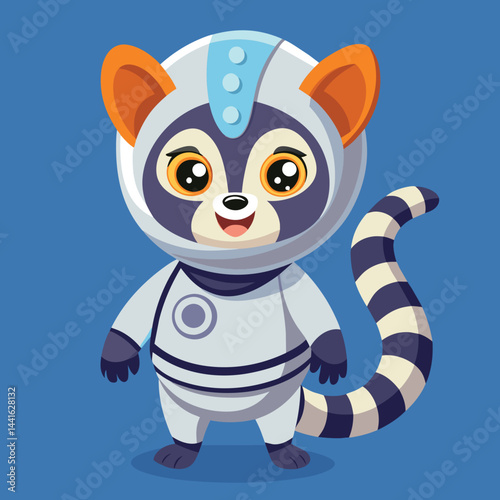 A cartoon raccoon dressed in a spacesuit stands proudly, gazing at a vibrant planet. The cheerful character is surrounded by twinkling stars in a playful, colorful universe.