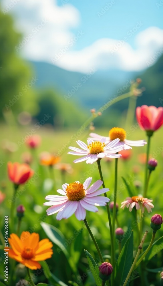 Fototapeta premium Wildflowers swaying gently in a spring breeze, wildflowers, scenery