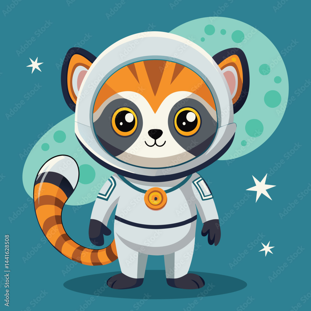 Obraz premium This adorable raccoon character, dressed in a space suit, captures the essence of adventure, standing confidently amidst a backdrop of stars.