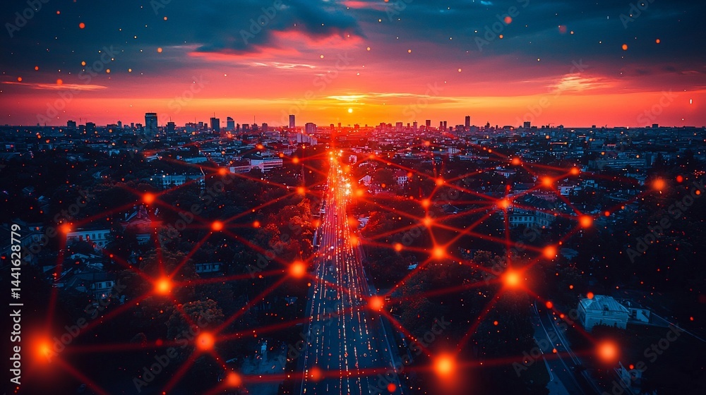 Fototapeta premium Aerial view of a city at sunset, interconnected by a network