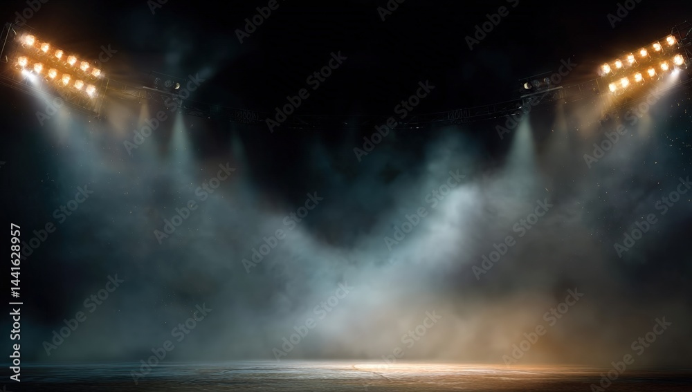 Obraz premium A smoky stadium or arena illuminated by bright, dramatic spotlights against a dark background.
