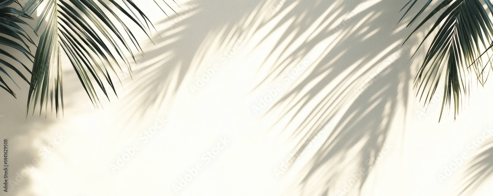 Obraz premium Light and shadow play of tropical leaves on a light beige background.