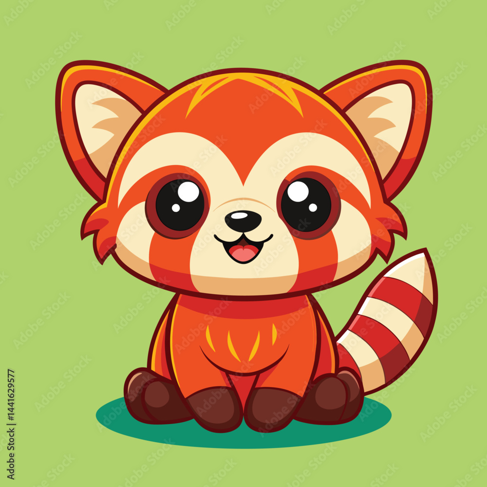 Obraz premium A cheerful red panda character with large eyes and a playful smile sits on a soft background, showcasing its vibrant orange fur and a bushy tail, perfect for kids' illustrations.
