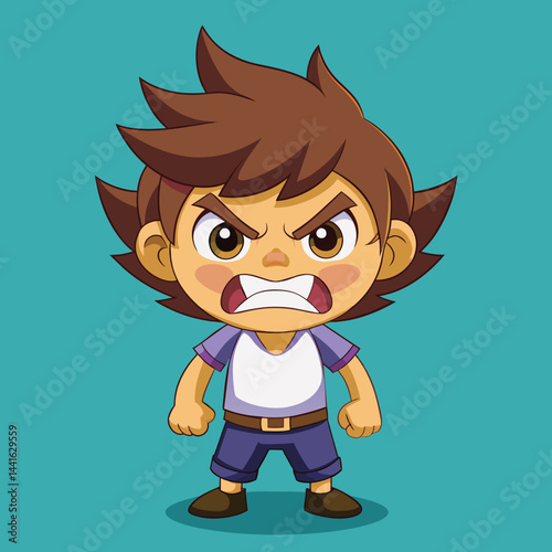 A young cartoon character stands with a fierce expression, arms crossed, displaying determination. His vibrant hair contrasts with the plain backdrop.