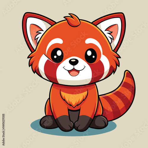 A cheerful, cartoon-style red panda sits happily, displaying large, expressive eyes and an adorable, fluffy tail, set against a vibrant light blue backdrop.