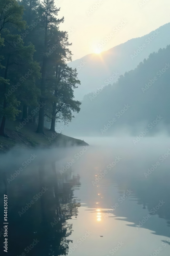Softly glowing silver mist rises from a peaceful lake surface, minimalist, serene Softly glowing silver mist rises from a peaceful lake surface, minimalist, serene