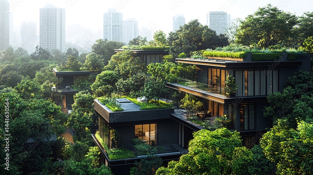 Eco-friendly apartments, city skyline, green roofs, sustainable living, architecture Eco-friendly apartments, city skyline, green roofs, sustainable living, architecture