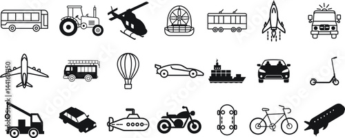 diverse transportation icons in black outline style including air, land, and sea vehicles. Perfect for infographics, signage, plane, bus, car, motorcycle and travel-themed graphic design projects.