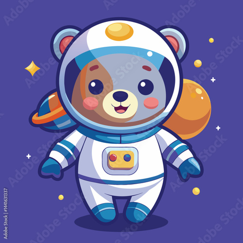 A charming bear wearing an astronaut suit stands amidst a star-filled sky, gazing at vibrant planets and shimmering stars