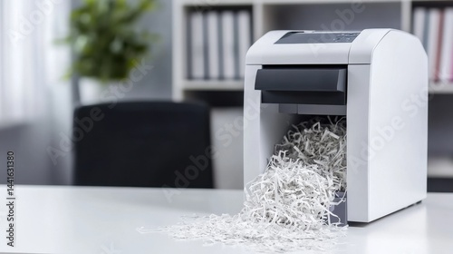 Office paper shredder in action, shredding documents in a modern workspace environment.