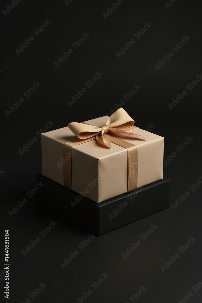 Obraz premium Simple gift box on a black background wrapped in plain beige ribbon with a small matching brown bow, present, bow