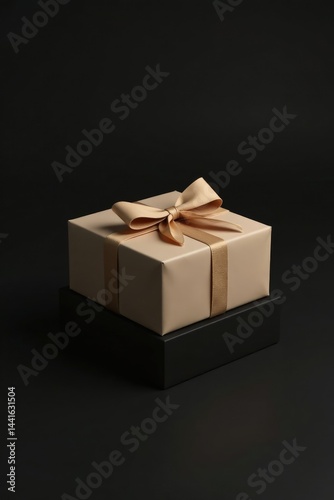 Simple gift box on a black background wrapped in plain beige ribbon with a small matching brown bow, present, bow
