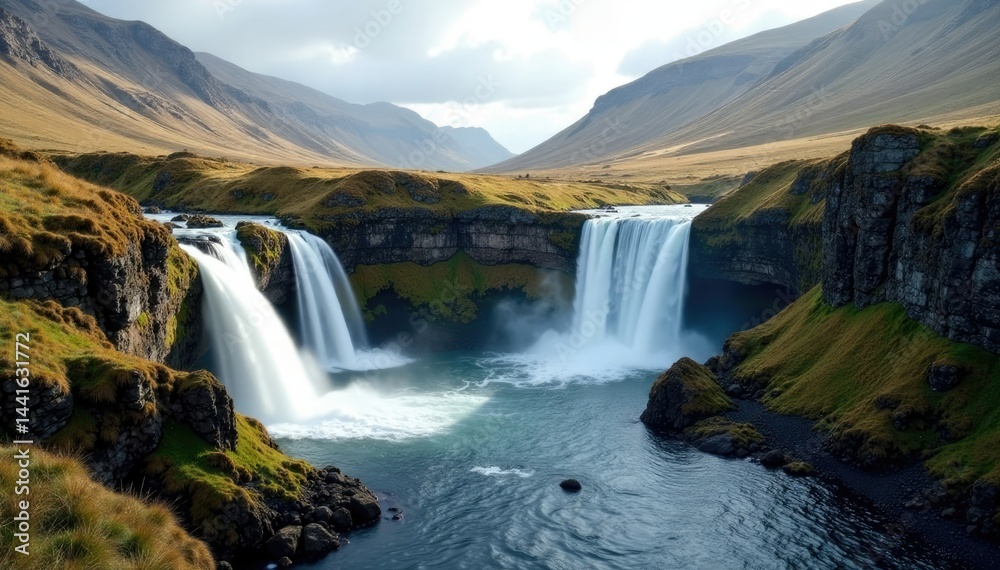 Fototapeta premium serene waterfalls cascading down rugged Scottish landscape, water, scotland