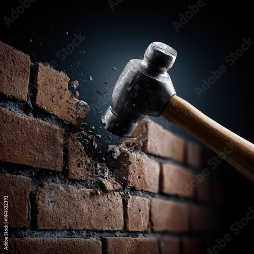 A forceful hammer blow creates a hole in a solid brick wall, symbolizing progress - demolition goal materials ahead evolution