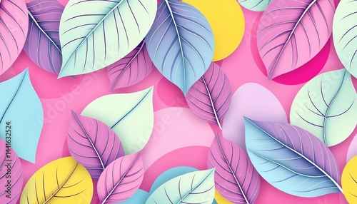 Pastel abstract shapes background with linear monstera leaf seamless pattern, tropical, vibrant