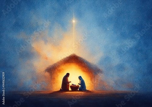 Peaceful nativity scene with two figures kneeling by a baby in a manger inside a glowing stable under a bright star in a dark, misty night