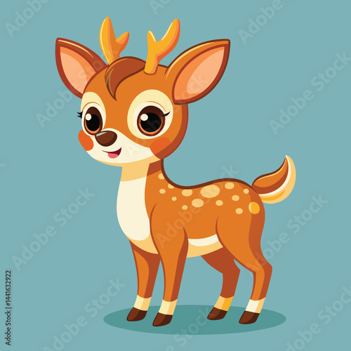 A charming cartoon deer stands happily, adorned with light brown fur and distinct antlers, radiating a joyful and playful vibe in a simple setting.