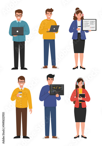 Simple flat design of four software engineer characters on a white background, modern, creative, colorful, and tech-savvy without any text.
