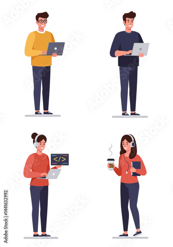 Simple flat design of four software engineer characters on a white background, modern, creative, colorful, and tech-savvy without any text.