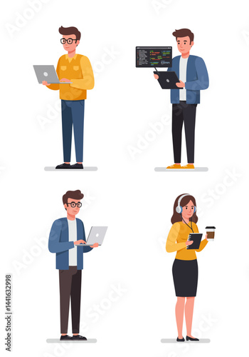 Simple flat design of four software engineer characters on a white background, modern, creative, colorful, and tech-savvy without any text.