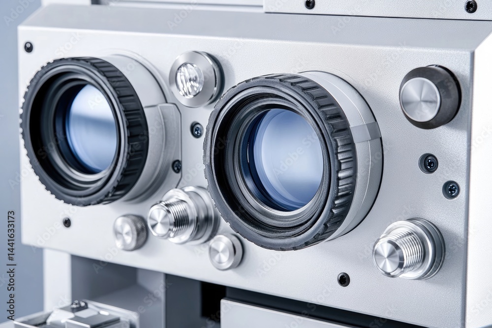 Detailed View of Advanced Optical Microscopy Equipment with Precision Lenses and Controls Detailed View of Advanced Optical Microscopy Equipment with Precision Lenses and Controls