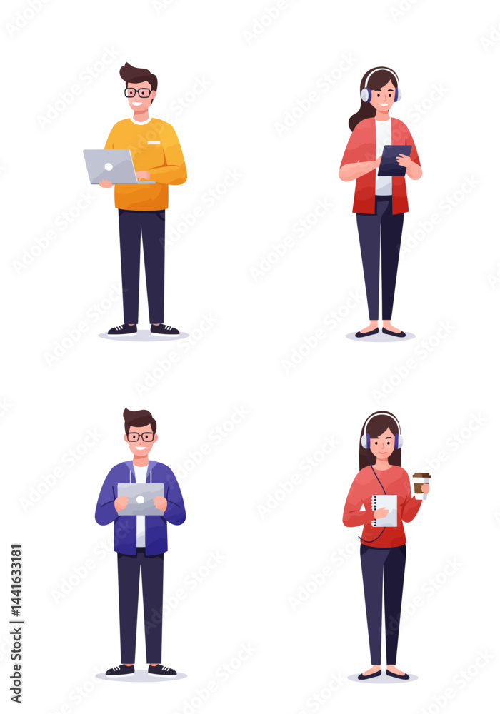 Simple flat design of four software engineer characters on a white background, modern, creative, colorful, and tech-savvy without any text. Simple flat design of four software engineer characters on a white background, modern, creative, colorful, and tech-savvy without any text.