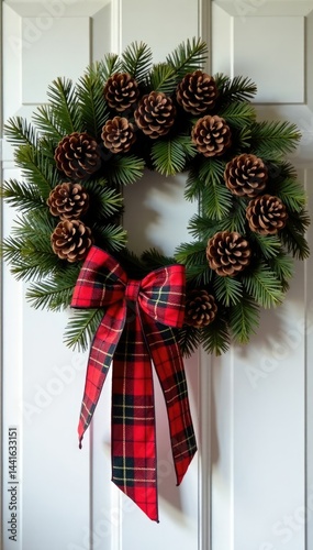 Plaid and ribbons draped over a pinecone wreath on a wall, pinecones, wreath