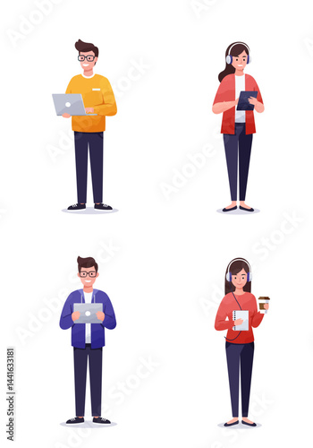 Simple flat design of four software engineer characters on a white background, modern, creative, colorful, and tech-savvy without any text.