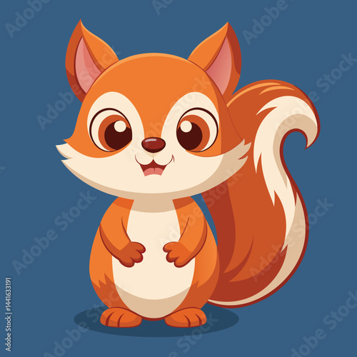 A charming cartoon squirrel with oversized eyes and a fluffy tail stands proudly, exuding a cheerful vibe in a simplistic, light background.