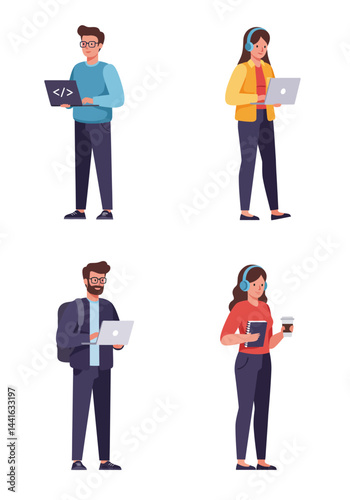 Simple flat design of four software engineer characters on a white background, modern, creative, colorful, and tech-savvy without any text.