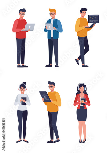Simple flat design of four software engineer characters on a white background, modern, creative, colorful, and tech-savvy without any text.