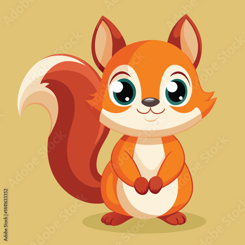 A cartoon squirrel with a bright orange coat and large expressive eyes is sitting happily, showcasing its bushy tail and friendly demeanor, evoking a sense of joy.