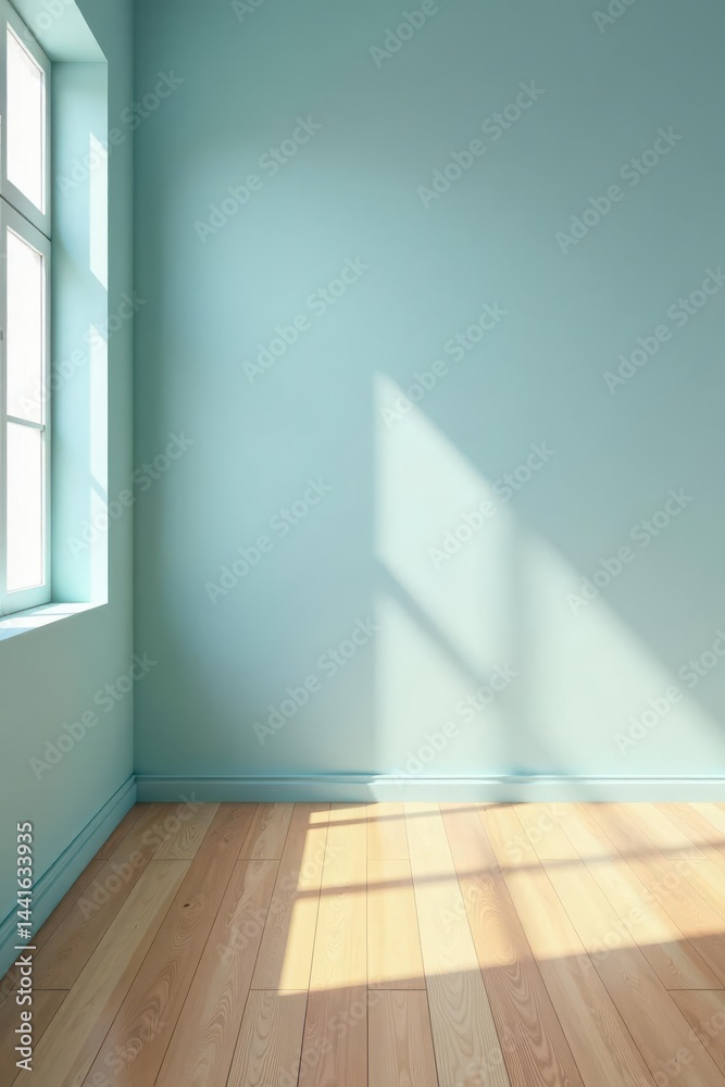 Fototapeta premium Serene Empty Room with Sunlight Streaming Through Window, Light Wood Floor, and Pale Green Walls, Ready for Interior Design Concepts